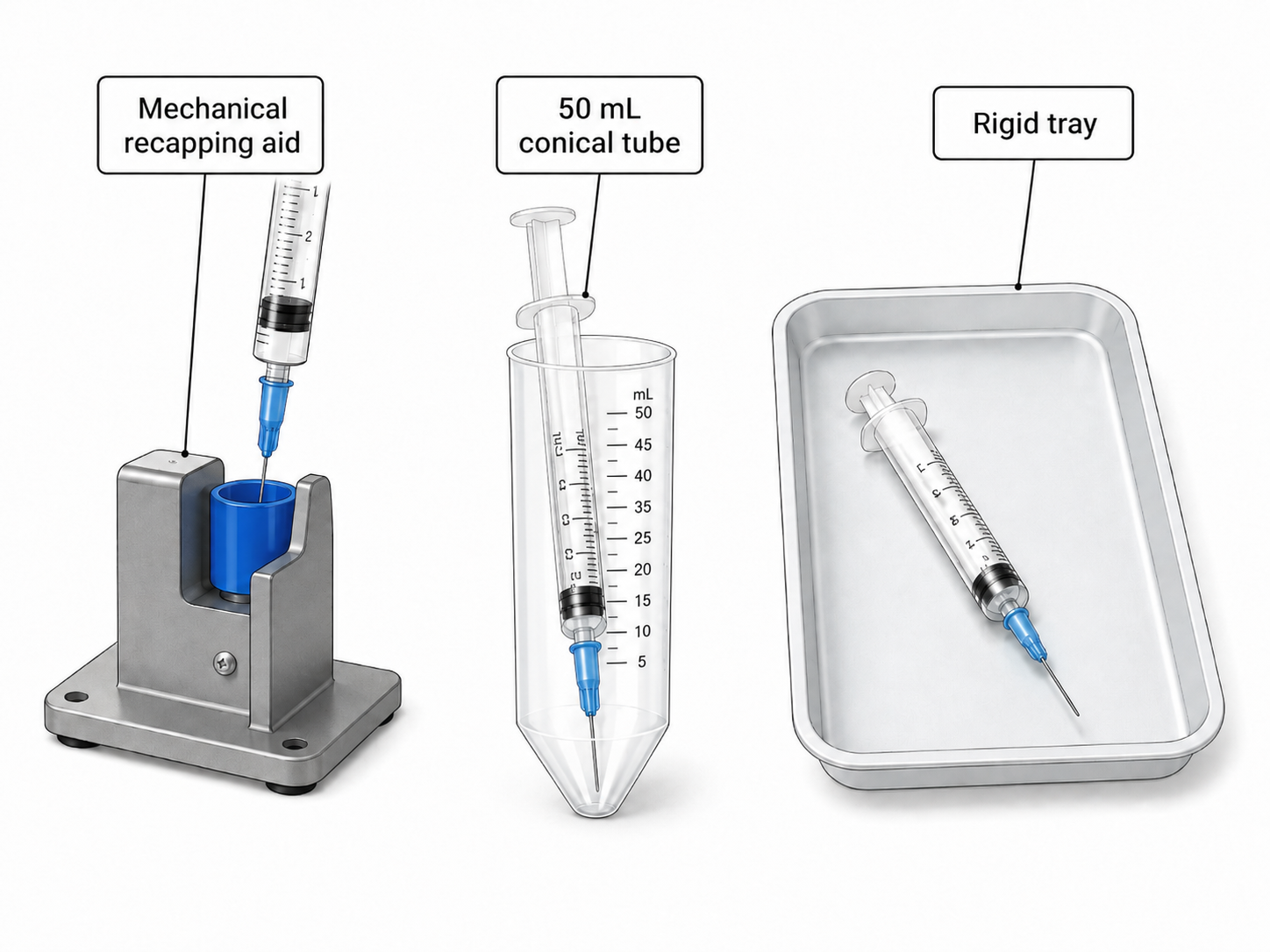 Methods to temporarily storage a needle and syringe: Mechanical needle recapping device, 50 mL conical with needle and syringe inside, tray with needle and syringe.